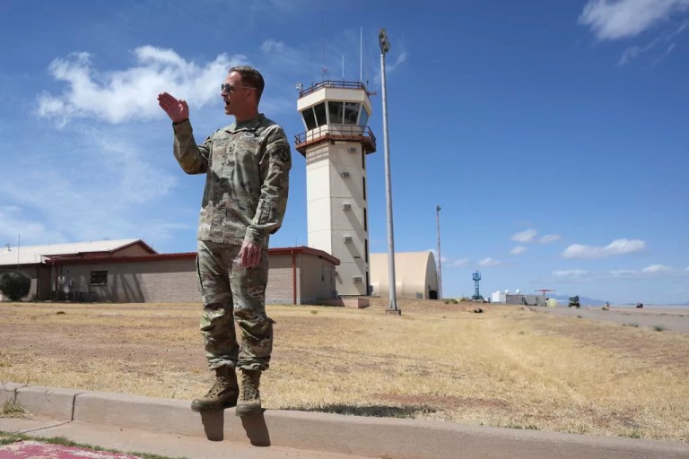 U.S. Army Maj. Gen. Scott M. Naumann, military commander of the Joint Task Force Southern Border, talks about an upcoming flight from Fort Huachuca to the US-Mexico border Thursday, April 3, 2025, in Sierra Vista, Ariz.