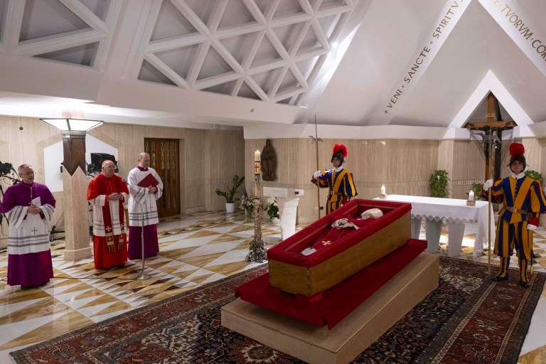 Vatican releases first pictures of Pope Francis in open coffin as funeral rites begin