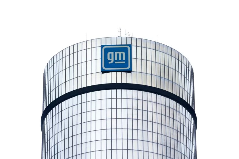 A General Motors logo is seen on a building, April 24, 2024, in Detroit.