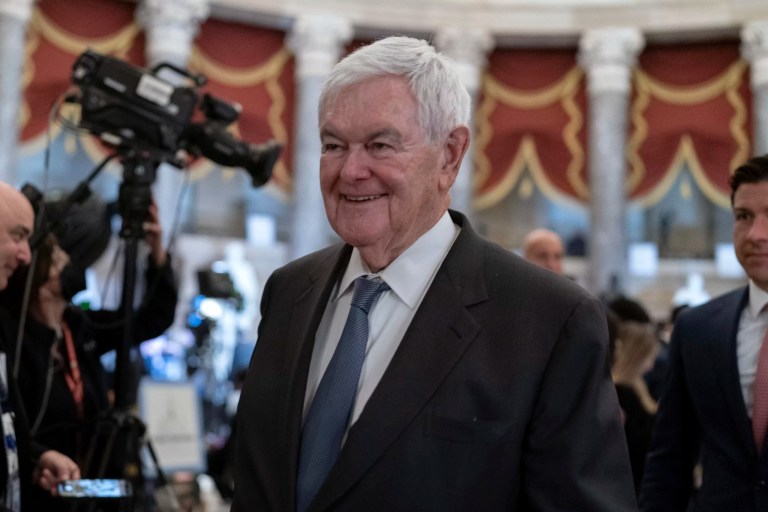 Former Speaker of the House Newt Gingrich walks to the House Chamber before President Donald Trump addresses a joint session of Congress at the Capitol in Washington, Tuesday, March 4, 2025.