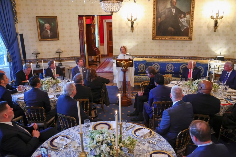 Pastor Paula White speaks during an Easter prayer service and dinner with President Donald Trump in the Blue Room of the White House in Washington, Wednesday, April 16, 2025.