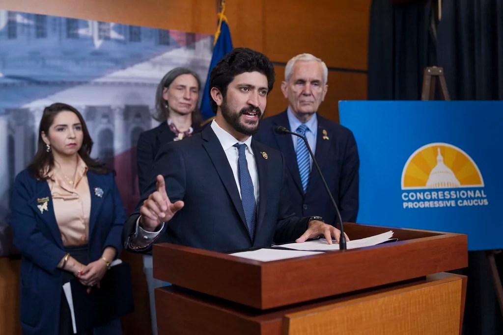 Rep. Greg Casar, D-Texas, center, and other members of the House Congressional Progressive Caucus speak to reporters in response to President Donald Trump's address to a joint session of Congress last night, on Capitol Hill in Washington, Wednesday, March 5, 2025.