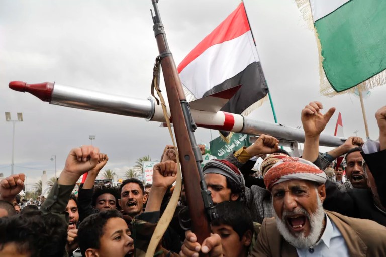 Houthi supporters attend a rally against the U.S. airstrikes on Yemen and the Israeli offensive against the Palestinians in Gaza SAtrip, in Sanaa, Yemen