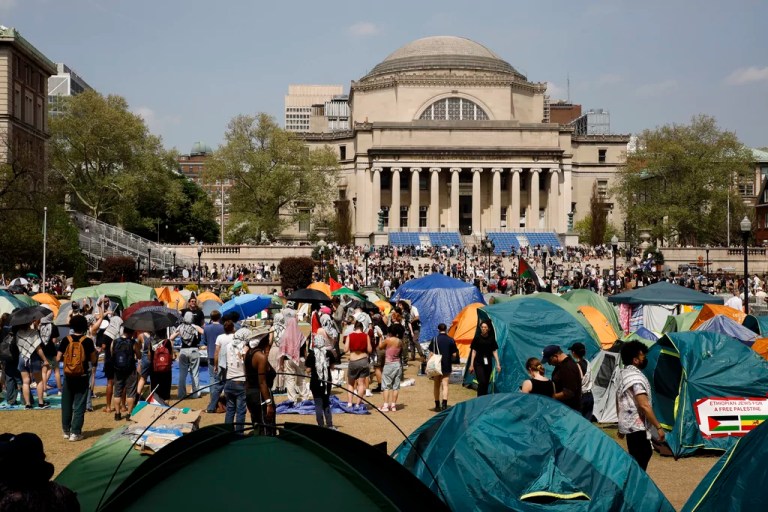 Student protesters gather inside their encampment on Columbia University's campus, April 29, 2024, in New York.