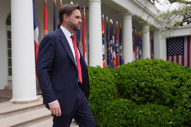 Vice President JD Vance arrives before President Donald Trump speaks during an event to announce new tariffs in the Rose Garden of the White House, Wednesday, April 2, 2025, in Washington.