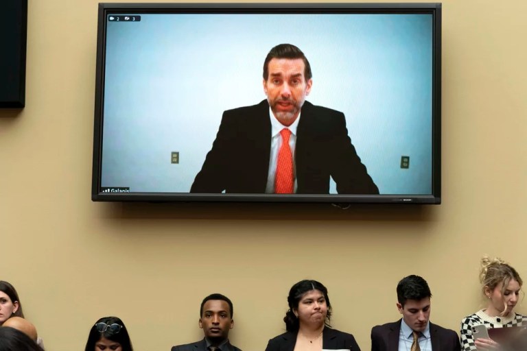 Jason Galanis testifies on a video link from prison before the House Oversight and Accountability Committee hearing on Capitol Hill in Washington, Wednesday, March 20, 2024.