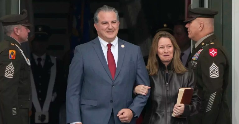 FILE - Florida's Chief Financial Officer Jimmy Patronis and his wife Katie arrive for the inauguration ceremony at the Old Capitol, where Gov. Ron DeSantis was sworn in for his second term, in Tallahassee, Fla., Jan. 3, 2023. (AP Photo/Lynne Sladky, File)
