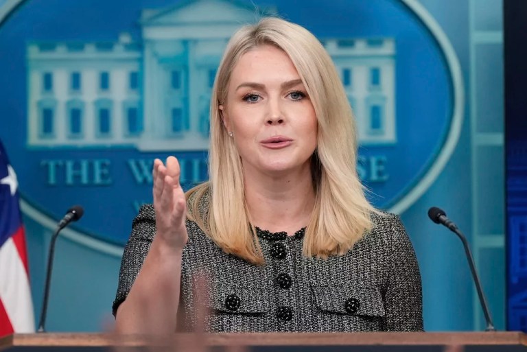 White House press secretary Karoline Leavitt speaks with reporters in the James Brady Press Briefing Room at the White House, Friday, April 11, 2025, in Washington.