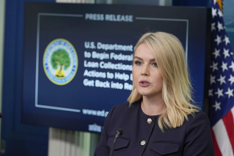 White House press secretary Karoline Leavitt speaks with reporters in the James Brady Press Briefing Room at the White House, Tuesday, April 22, 2025, in Washington.