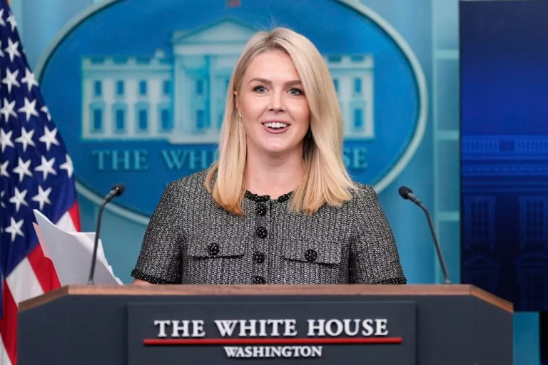 White House press secretary Karoline Leavitt speaks with reporters in the James Brady Press Briefing Room at the White House, Friday, April 11, 2025, in Washington.