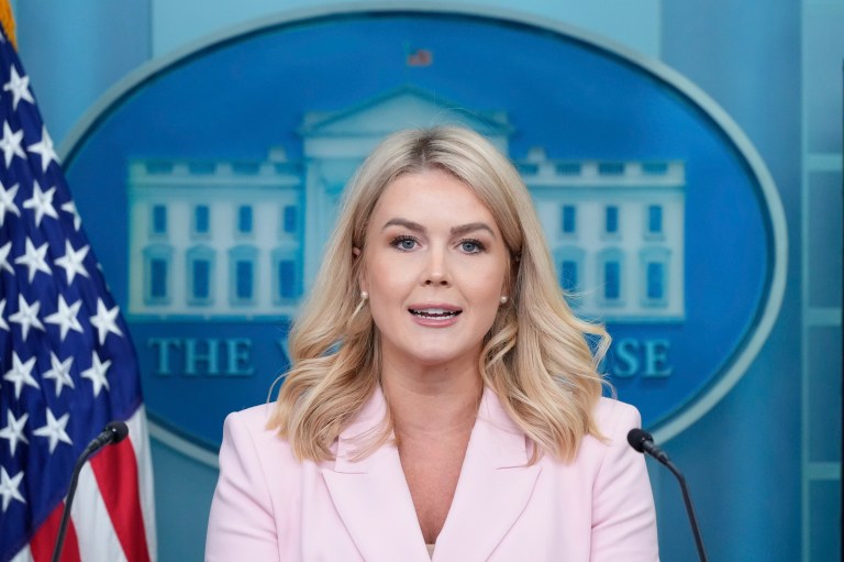 White House press secretary Karoline Leavitt speaks during a press briefing at the White House, Tuesday, April 1, 2025, in Washington.