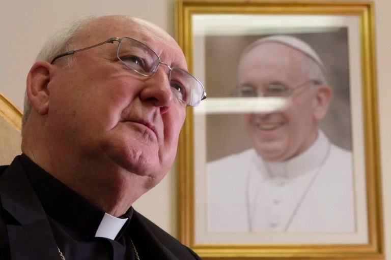 Cardinal Kevin Farrell, head of the Vatican's family and laity office, talks during an interview with the Associated Press in Rome, Tuesday, July 31, 2018.