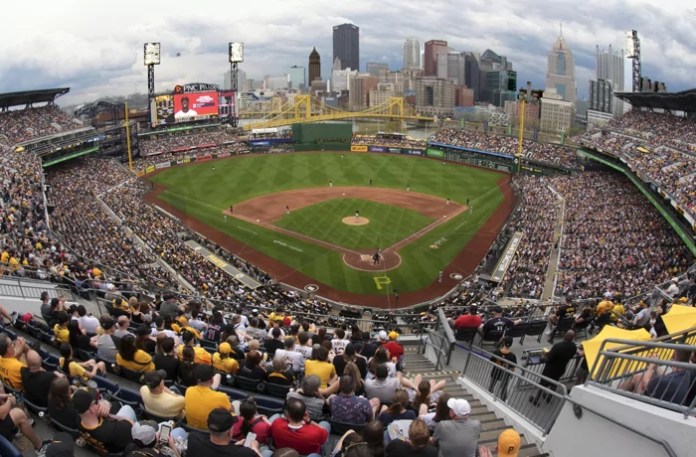 Pittsburgh Pirates and the Cleveland Guardians with Pirates' Paul Skenes pitching on Paul Skenes Bobblehead Day at PNC Park in Pittsburgh, Saturday, April 19, 2025. (AP Photo/Gene J. Puskar)