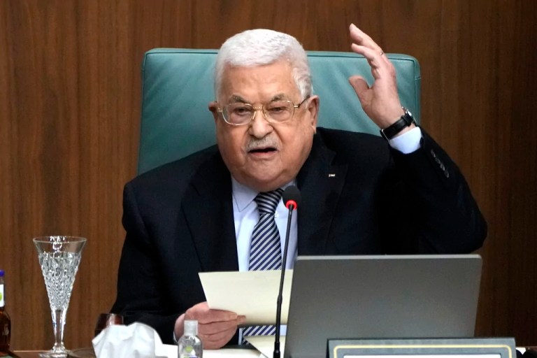 Palestinian President Mahmoud Abbas speaks during a conference at the Arab League headquarters in Cairo, Feb. 12, 2023.
