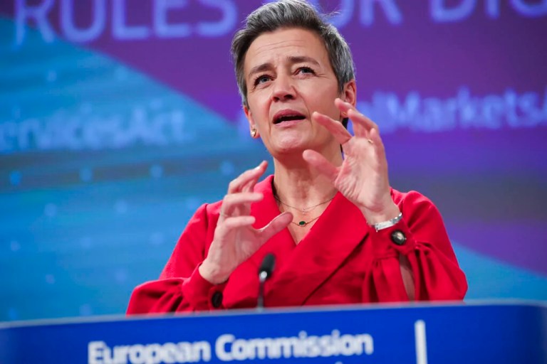 European Commissioner for Europe fit for the Digital Age Margrethe Vestager talks during a news conference on Digital Services Act and the Digital Markets Act at the European Commission headquarters in Brussels, Tuesday, Dec. 15, 2020.