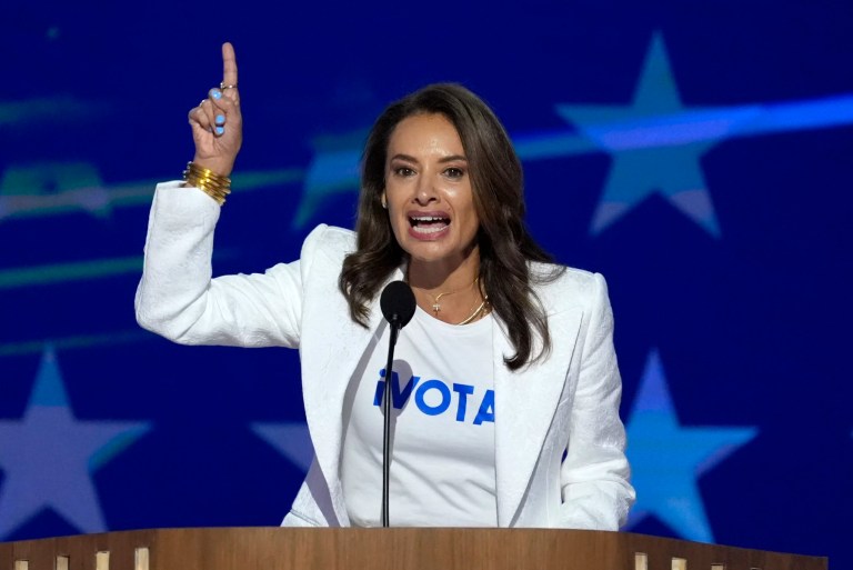 Maria Teresa Kumar, president and CEO of Voto Latino, speaks during the Democratic National Convention Wednesday, Aug. 21, 2024, in Chicago.