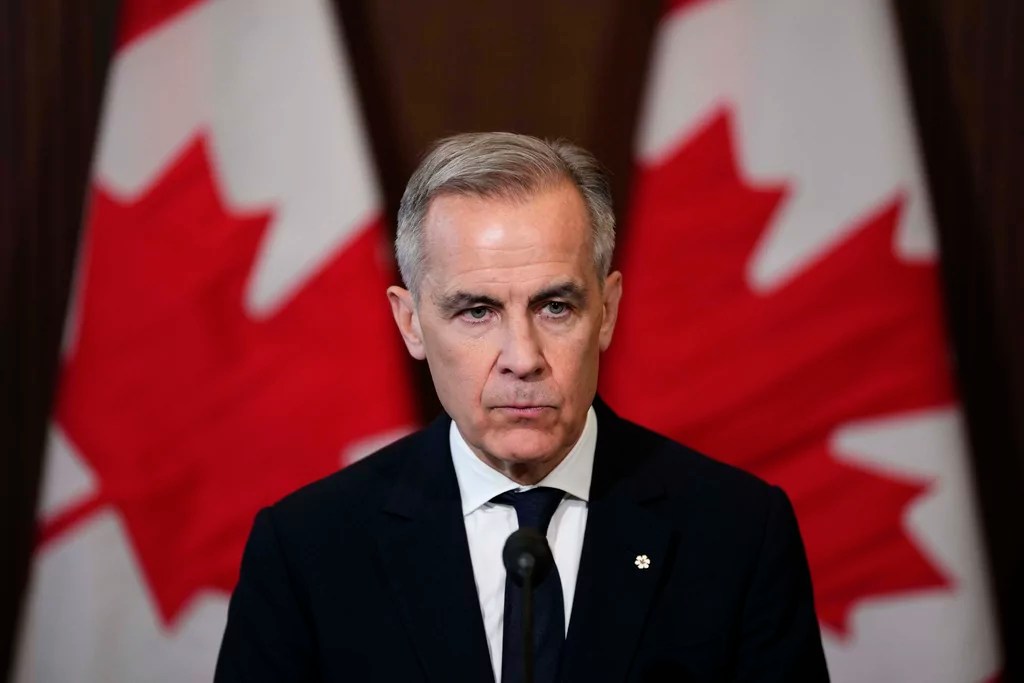 Canadian Prime Minister Mark Carney speaks during a news conference about tariffs on Parliament Hill, in Ottawa, Thursday, April 3, 2025.