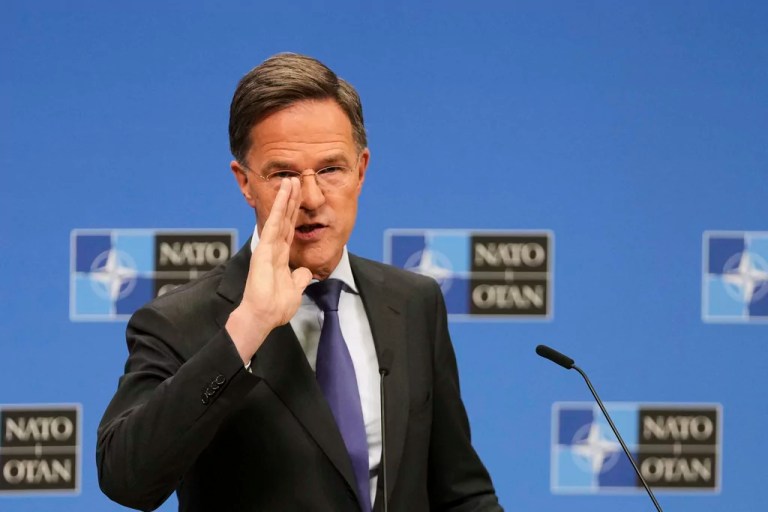 NATO Secretary General Mark Rutte speaks during a media conference ahead of a meeting of NATO foreign ministers at NATO headquarters in Brussels, Wednesday, April 2, 2025.
