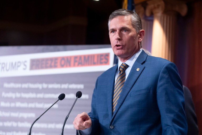 Sen. Martin Heinrich (D-NM), with other Democratic senators, speaks to reporters following President Donald Trump's decision to freeze virtually all federal grants and loans, at the Capitol, Wednesday, Jan. 29, 2025 in Washington.