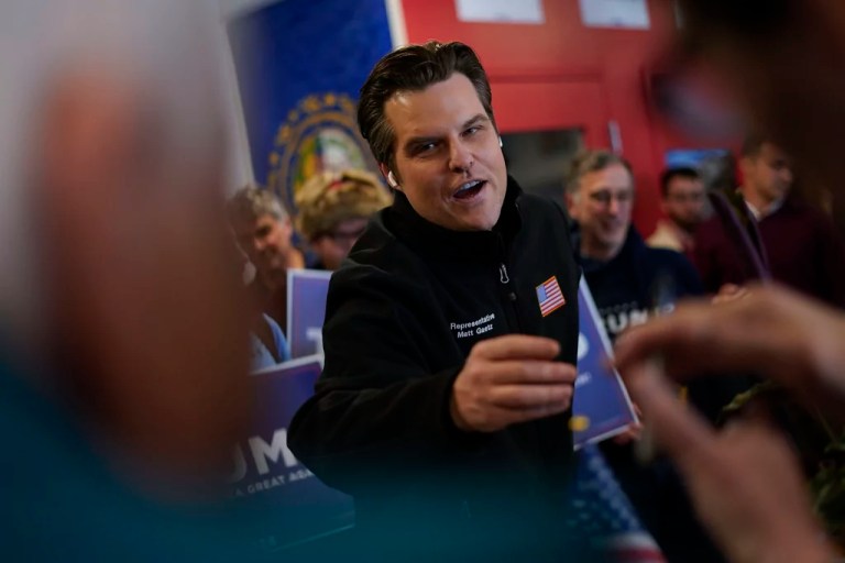 Rep. Matt Gaetz, R-Fla., meeting with supporters during a campaign stop at Team Trump New Hampshire headquarters, Sunday, Jan. 21, 2024, in Manchester, NH.