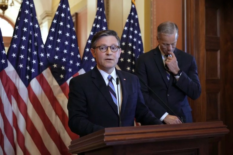 Speaker of the House Mike Johnson (R-LA), left, and Senate Majority Leader John Thune (R-SD) make statements to reporters ahead of a vote in the House to pass a bill on President Donald Trump's top domestic priorities of spending reductions and tax breaks, at the Capitol in Washington, Thursday, April 10, 2025.