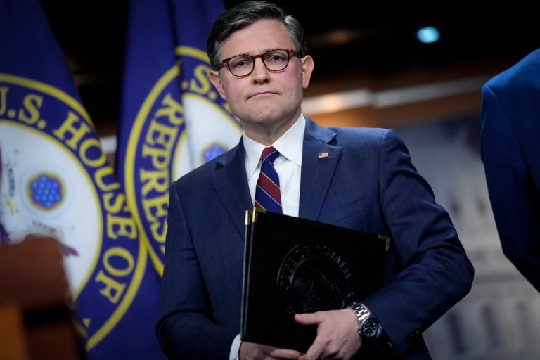 Speaker of the House Mike Johnson, R-La., pauses before talking to reporters at a news conference, at the Capitol, in Washington, Tuesday, April 1, 2025. (AP Photo/J. Scott Applewhite)