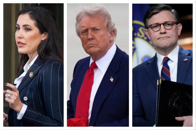 Rep. Anna Paulina Luna (R-FL), left, President Donald Trump, center, and House Speaker Mike Johnson (R-LA), right.