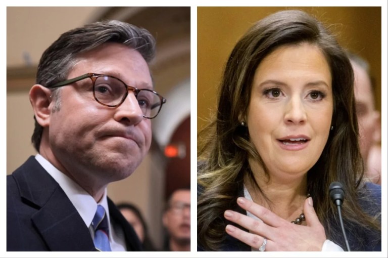 Left: Speaker Mike Johnson (R-LA); right: Rep. Elise Stefanik (R-NY)