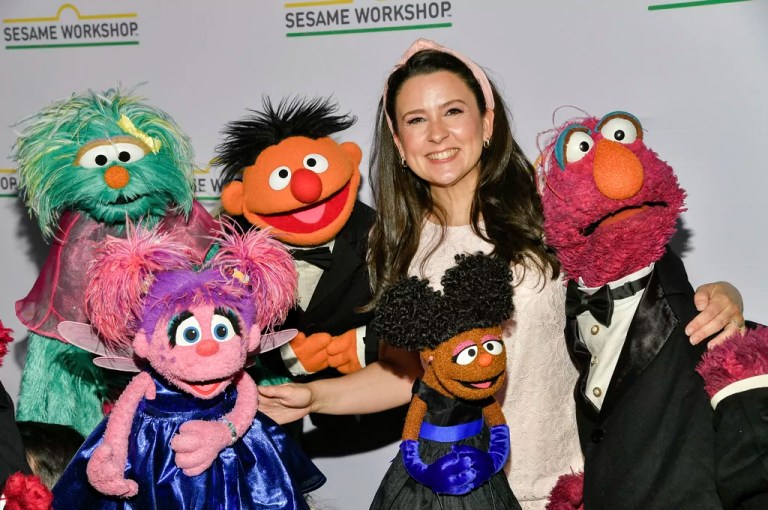 Rachel Accurso aka Ms. Rachel, center, poses with Muppet characters at the Sesame Workshop benefit gala at Cipriani 42nd Street on Wednesday, May 29, 2024, in New York.