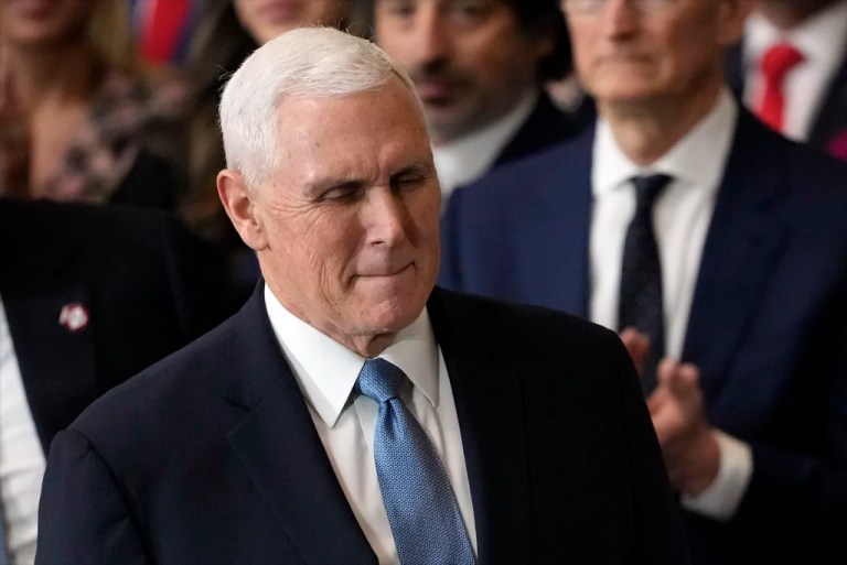 Former Vice President Mike Pence arrives before the 60th Presidential Inauguration in the Rotunda of the U.S. Capitol in Washington, Monday, Jan. 20, 2025.