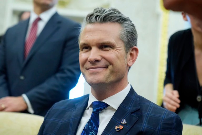 Secretary of Defense Pete Hegseth listens as President Donald Trump meets with Norwegian Prime Minister Jonas Gahr Støre during a bilateral meeting in the Oval Office of the White House, Thursday, April 24, 2025, in Washington.