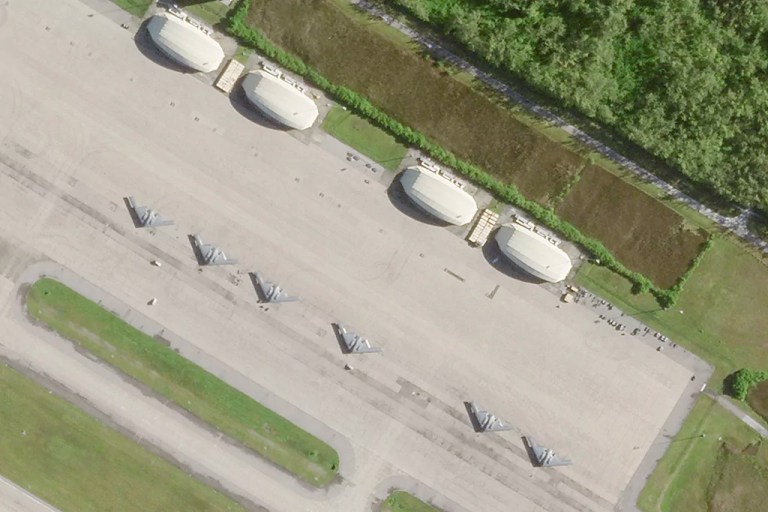 This satellite photo from Planet Labs PBC shows six B-2 stealth bombers parked at Camp Thunder Cove in Diego Garcia on Wednesday, April 2, 2025, as a U.S. airstrike campaign continues against Yemen's Houthi rebels.