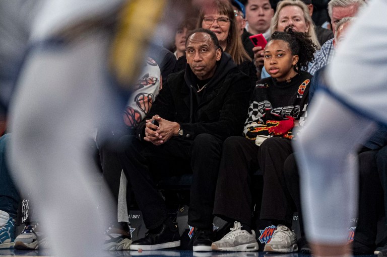 Stephen A. Smith sits courtside during the first half of an NBA basketball game between the New York Knicks and the Golden State Warriors in New York, Thursday, Feb. 29, 2024.
