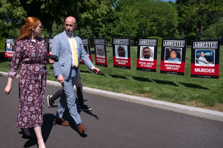 White House deputy chief of staff for policy Stephen Miller, right, walks after giving a television interview outside the White House, Monday, April 28, 2025, in Washington.