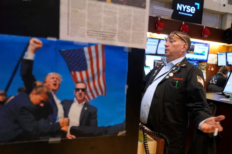 Jonathan Mueller works on the floor at the New York Stock Exchange in New York, Wednesday, April 2, 2025.