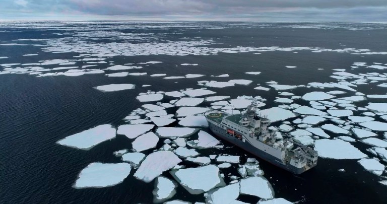 In this image released Thursday, June 5, 2024, the Norwegian research vessel RV Kronprins Haakon navigates through sea ice in the Greenland Sea northwest of Svalbard, serving as the expedition's base.