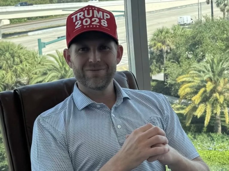 Eric Trump sporting the new 'Trump 2028' hat.
