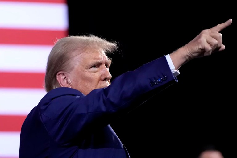 Republican presidential nominee former President Donald Trump gestures as he departs after speaks at a campaign event at the Linda Ronstadt Music Hall, Thursday, Sept.12, 2024, in Tucson, Ariz.