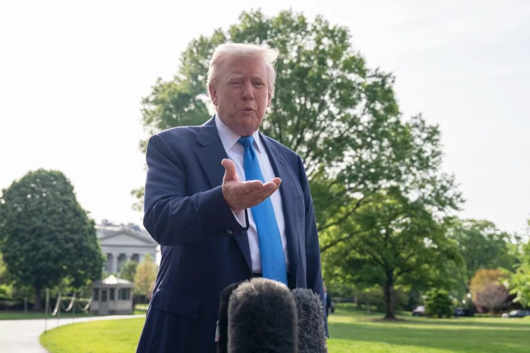 President Donald Trump speaks with reporters as he and first lady Melania Trump depart on Marine One from the South Lawn of the White House, Friday, April 25, 2025, in Washington.