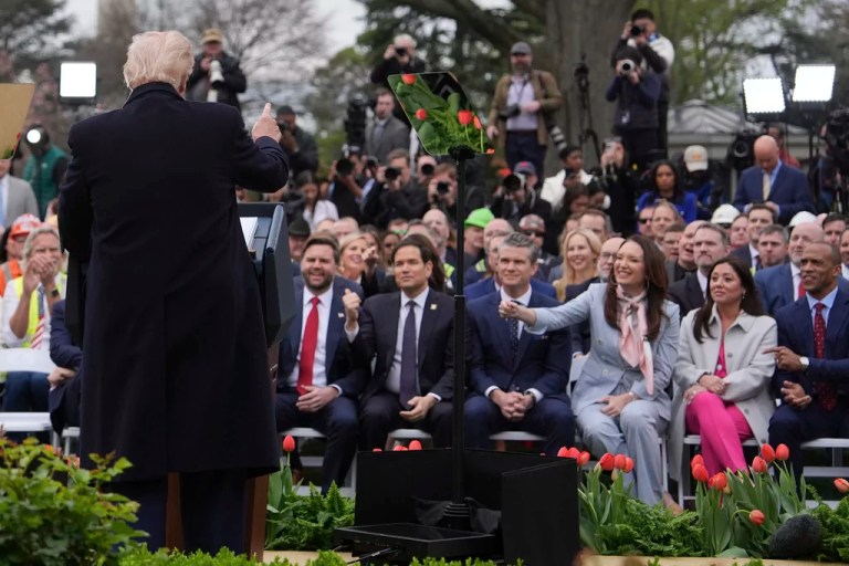President Donald Trump speaks during an event to announce new tariffs in the Rose Garden of the White House, Wednesday, April 2, 2025, in Washington, D.C., as Vice President JD Vance, Secretary of State Marco Rubio, Defense Secretary Pete Hegseth, Agriculture Secretary Brooke Rollins, Labor Secretary Lori Chavez-DeRemer, and Housing and Urban Development Secretary Scott Turner listen.