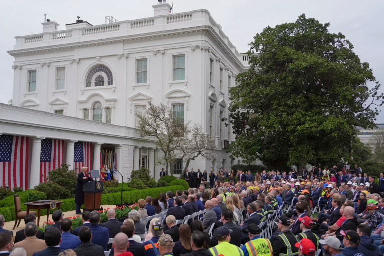 President Donald Trump speaks during an event to announce new tariffs in the Rose Garden of the White House, Wednesday, April 2, 2025, in Washington.