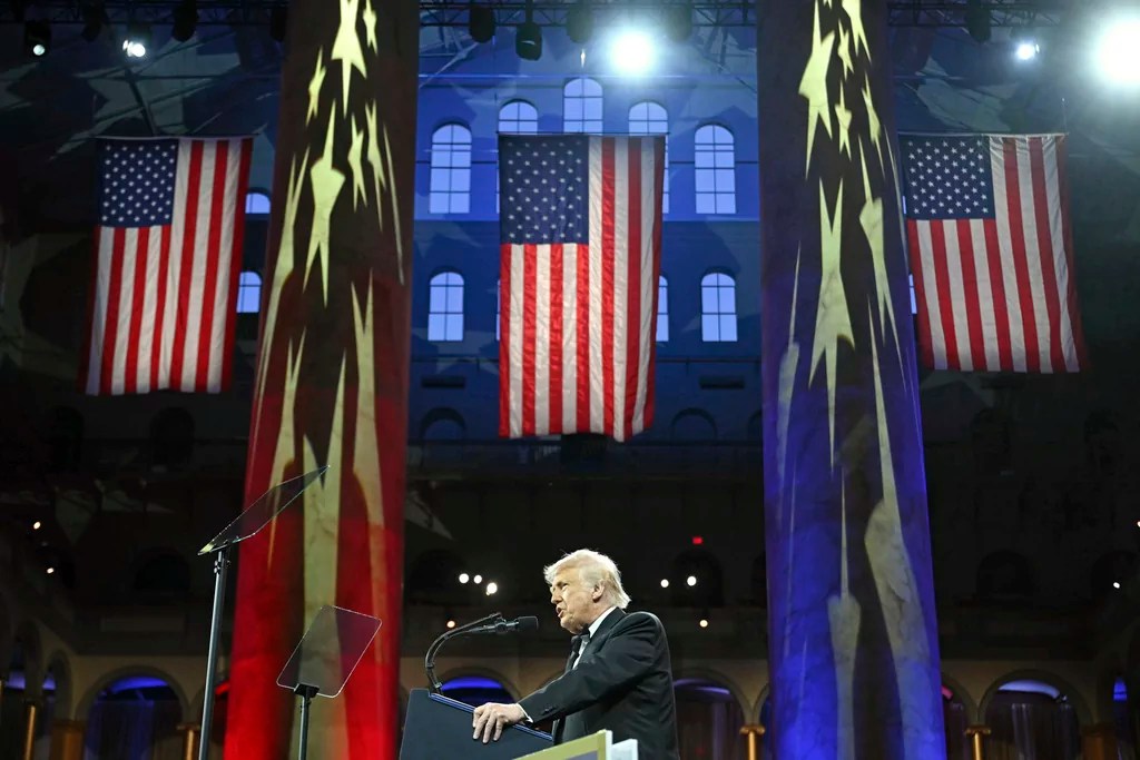 President Donald Trump speaks at the National Republican Congressional Committee (NRCC) dinner at the National Building Museum in Washington, Tuesday, April 8, 2025. (Pool via AP)