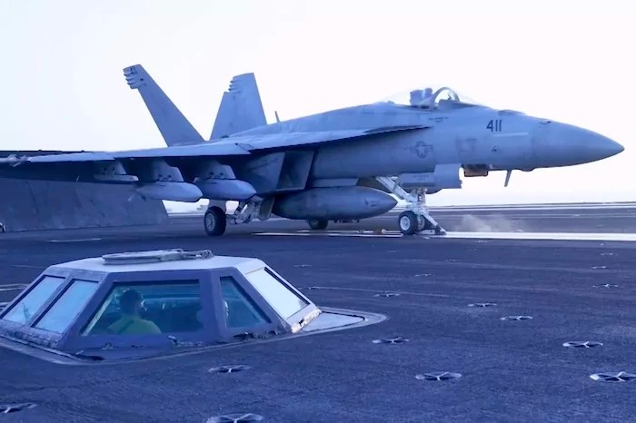 This image taken from video provided by the U.S. Navy shows an aircraft launching from the USS Harry S. Truman in the Red Sea before airstrikes in Sanaa, Yemen, Saturday, March 15, 2025.