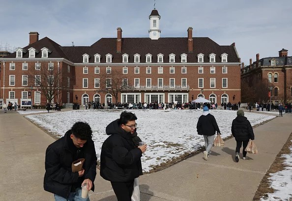 FILE - Students on the main quad in front of the Illini Union on the University of Illinois campus, Feb. 14, 2025, in Urbana, Illinois.