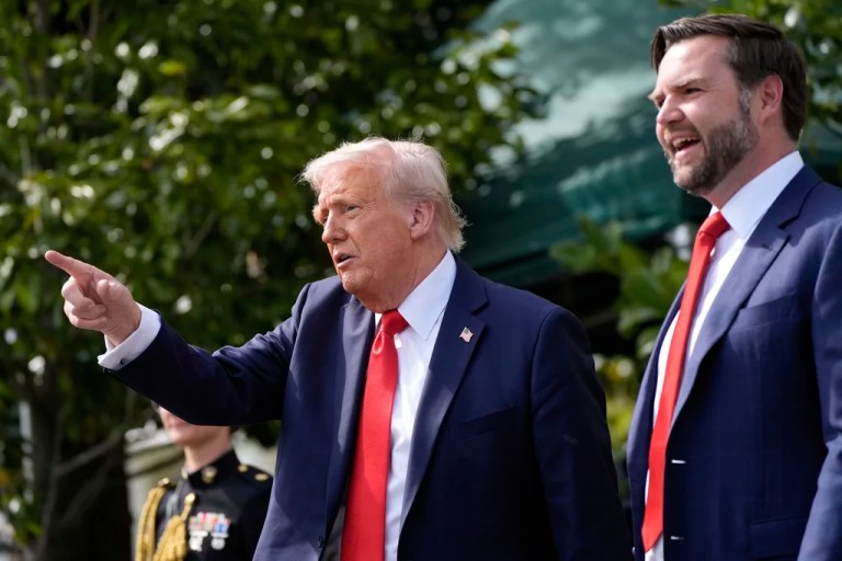 President Donald Trump waves with Vice President JD Vance as they depart after welcoming the 2025 College Football National Champions, the Ohio State University football team, during an event on the South Lawn of the White House, Monday, April 14, 2025, in Washington.