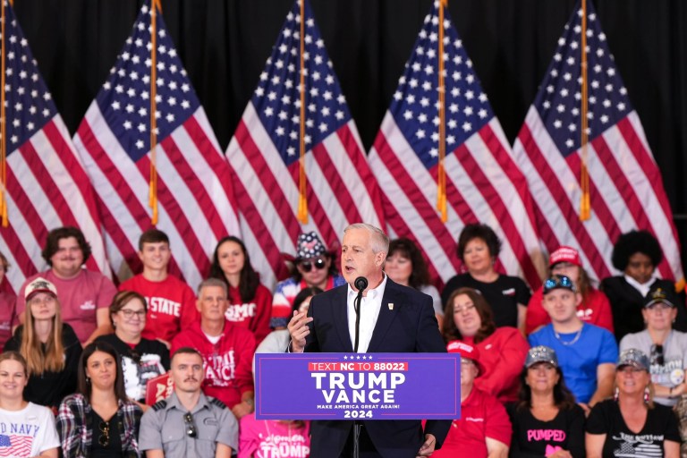 Republican National Committee Chairman Michael Whatley speaks at a campaign event for Sen. JD Vance (R-OH), Republican vice presidential nominee, in Sanford, North Carolina, Sunday, Nov. 3, 2024.