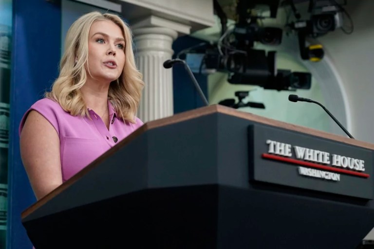White House press secretary Karoline Leavitt speaks with reporters in the James Brady Press Briefing Room at the White House, Wednesday, April 16, 2025, in Washington.