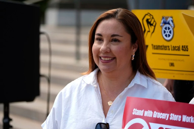 Rep. Yadira Caraveo (D-CO) joins a protest by union members against the proposed merger of grocery store chains Kroger and Albertsons, Sept. 30, 2024, outside the City/County Building.