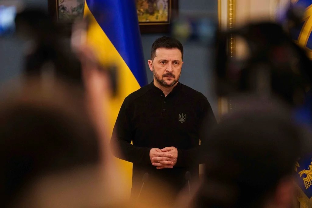 Ukrainian President Volodymyr Zelenskyy speaks during a press conference in Kyiv, Ukraine, Friday, April 4, 2025.