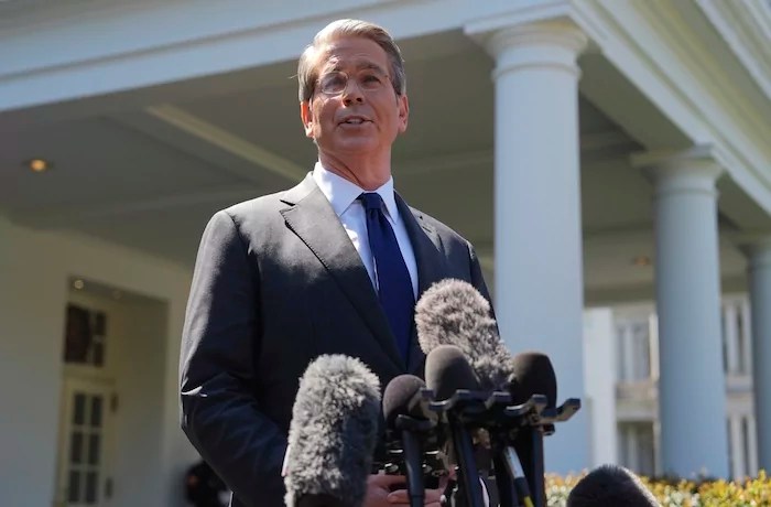 Treasury Secretary Scott Bessent speaks to reporters outside the West Wing of the White House, Wednesday, April 9, 2025, in Washington.